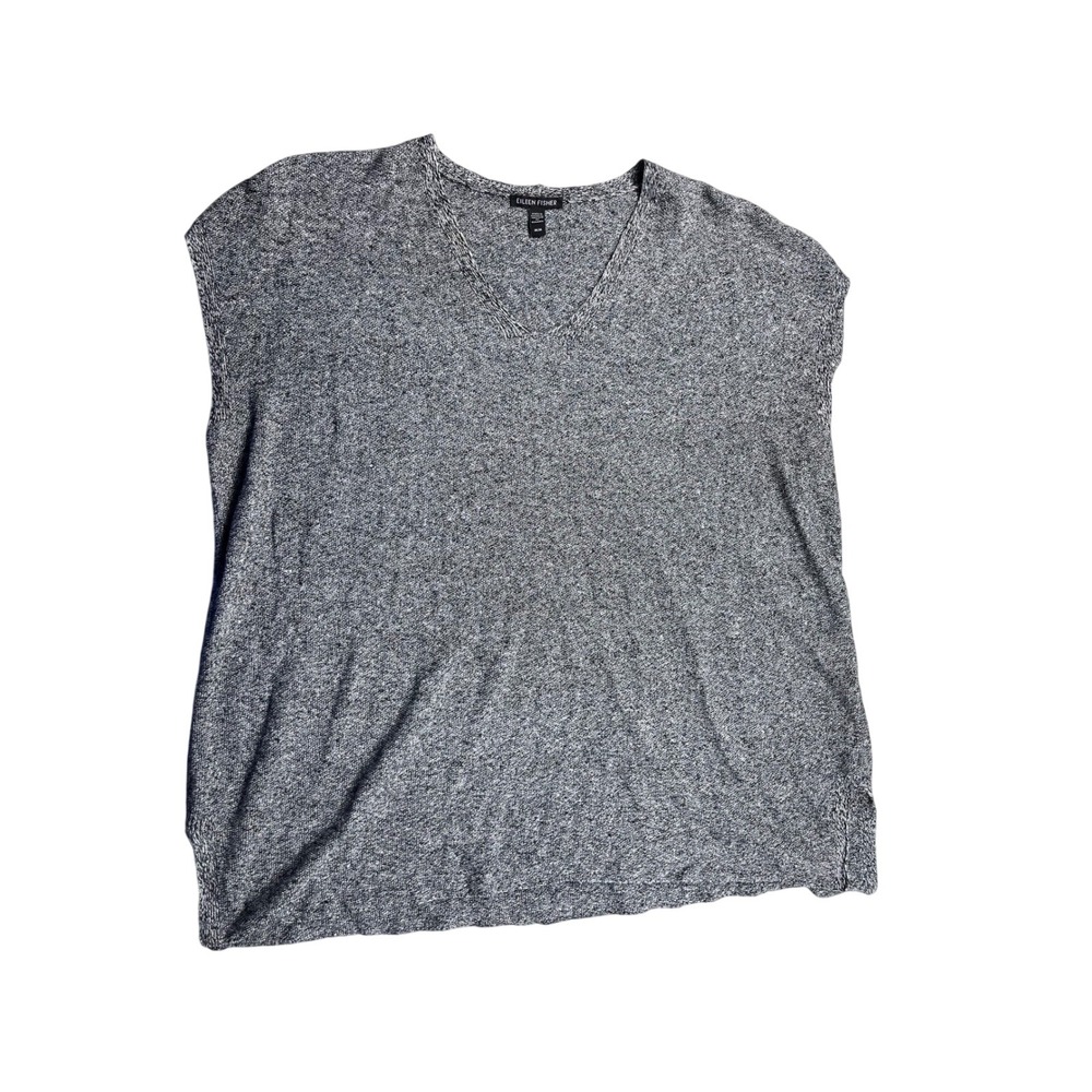 Eileen Fisher Marled Knit V-Neck Tunic‎ Top Medium Gray Black